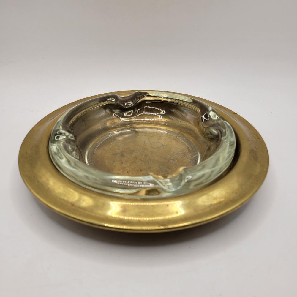 Brass and Glass Cigar Ashtray Vintage 1970’s Glass is Heavy Overall Width is 8"